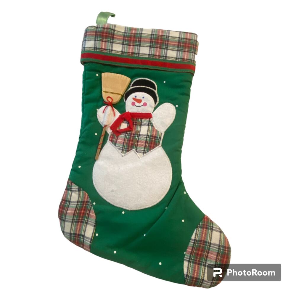 Avon Christmas Stocking Plaid Appliqued Snowman Vintage Fabric Ribbon Hanger